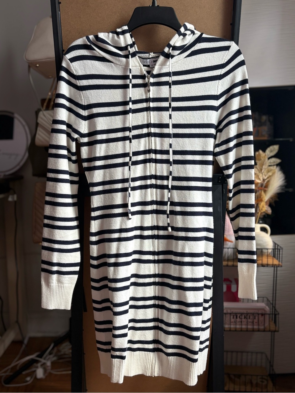Fashion Nova White & Black Striped Hooded Zip Sweater Dress